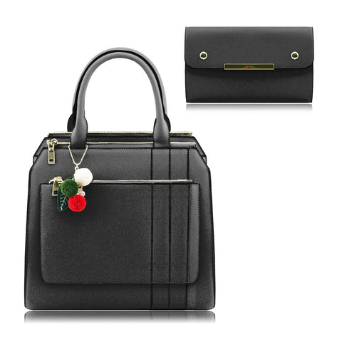 Stylish Woman Faux Leather 2-in-1 Handbag Shoulder Bag Crossbody Bag Purse - 86136 Black