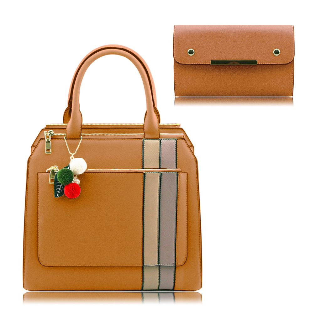 Stylish Woman Faux Leather 2-in-1 Handbag Shoulder Bag Crossbody Bag Purse - 86136 Brown