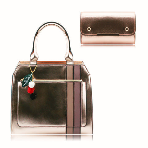 Stylish Woman Faux Leather 2-in-1 Handbag Shoulder Bag Crossbody Bag Purse - 86136 Champagne