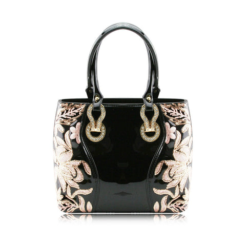 Stunning Shiny Patent Faux Leather Ladies Handbag Shoulder Bag - 8618 Black