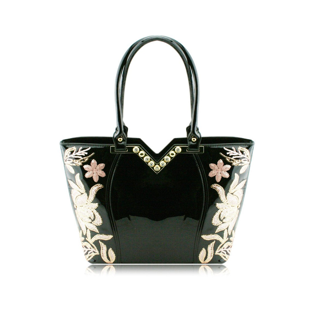 Stunning Shiny Patent Faux Leather Ladies Handbag Shoulder Bag - 8819-1 Black
