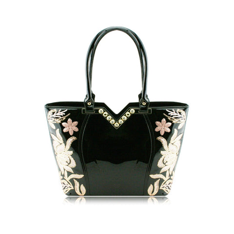 Stunning Shiny Patent Faux Leather Ladies Handbag Shoulder Bag - 8819-1 Black
