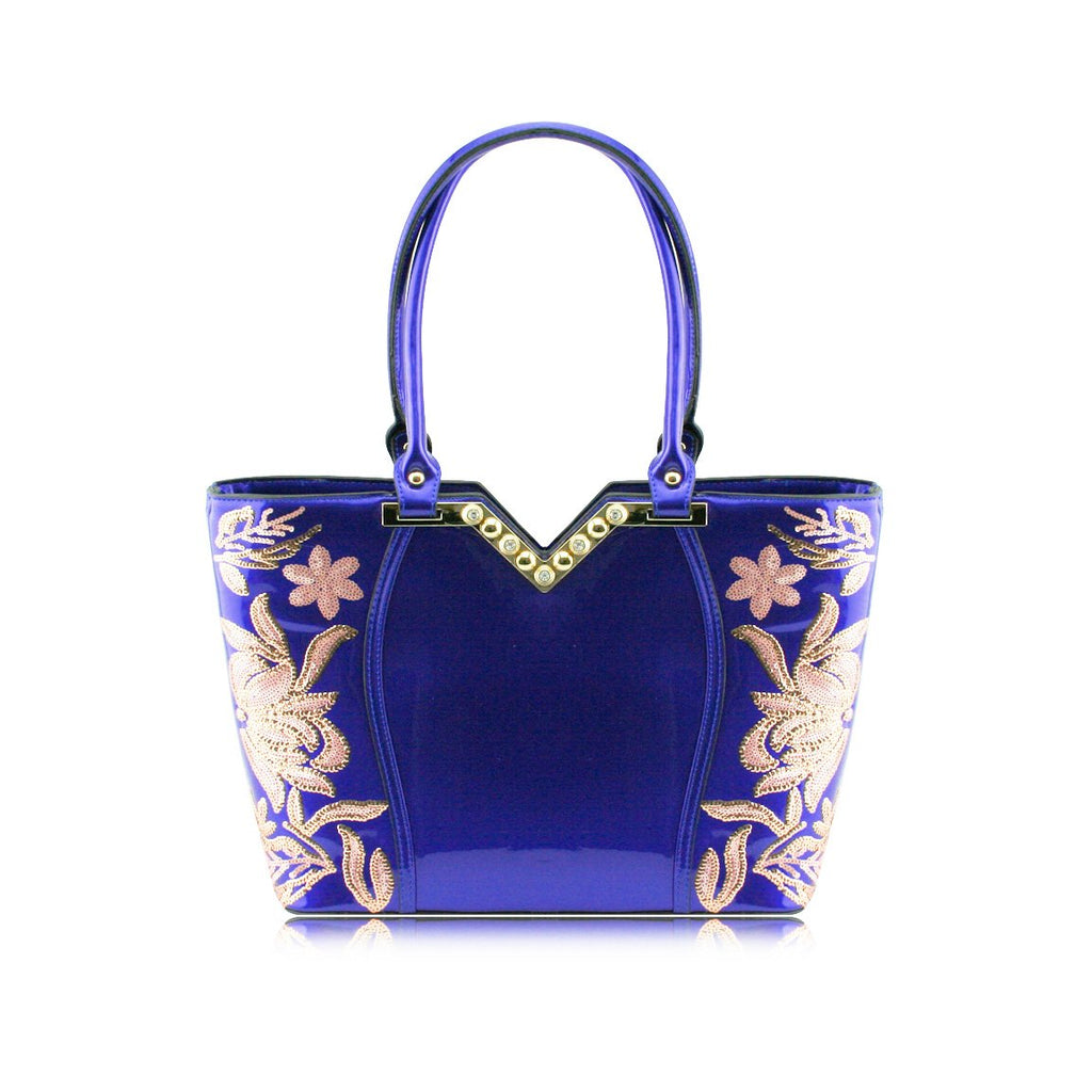 Stunning Shiny Patent Faux Leather Ladies Handbag Shoulder Bag - 8819-1 Blue