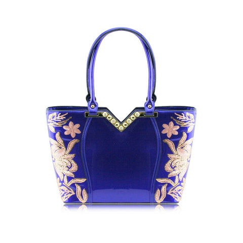 Stunning Shiny Patent Faux Leather Ladies Handbag Shoulder Bag - 8819-1 Blue