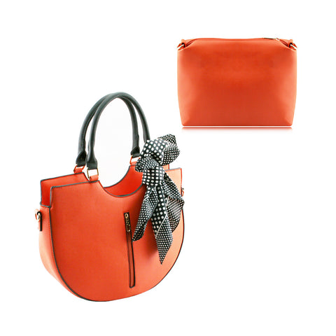 Stylish Faux Leather Handbag Shoulder Bag with Cosmetic Bag & Scarf – F36 Orange