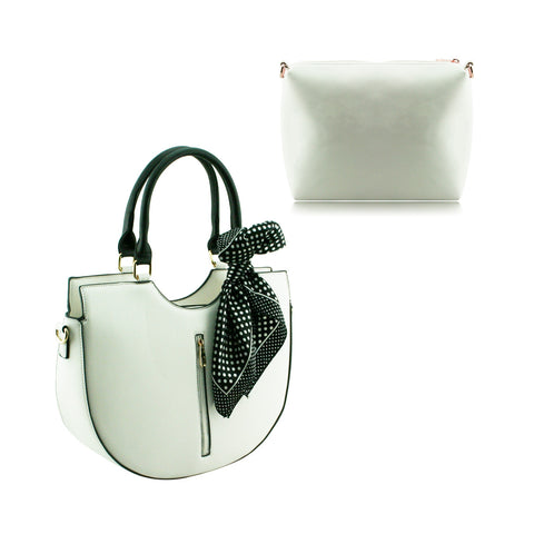 Stylish Faux Leather Handbag Shoulder Bag with Cosmetic Bag & Scarf – F36 White